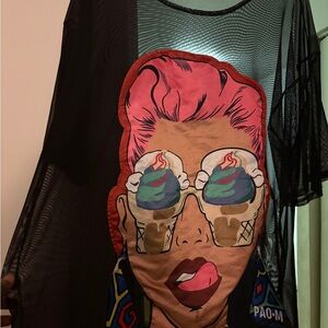 Graphic Mesh Tunic Top with Colorful Retro Face Print